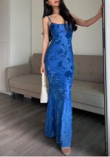 Elegant Blue Mermaid Ptint Long Evening Dress Fprmal Prom Dress SH1565