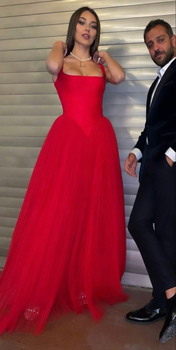 Charming Red Satin Tulle Long Prom Dress SH1375