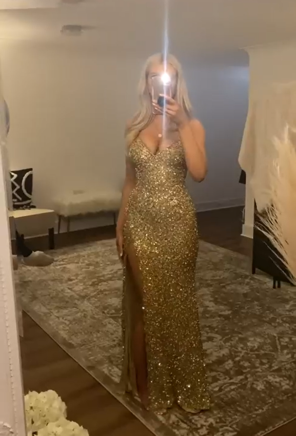 Gold Sequin V Neck Slit Prom Dress Evening Dress SH1122