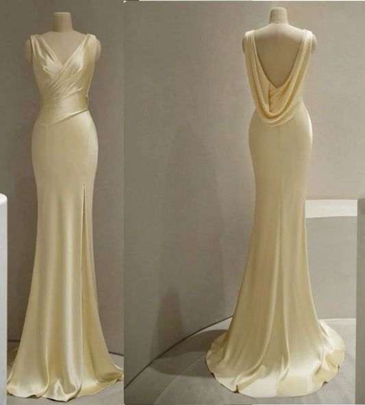 Pastel Yellow Satin Backless Mermaid Long Prom Dress SH1297