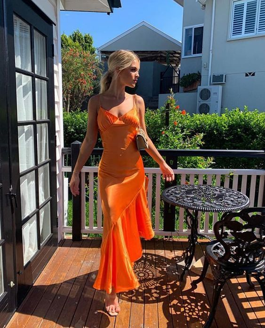 Orange V Neck Trending Formal Prom Dress Mermaid Party Dress SH1386
