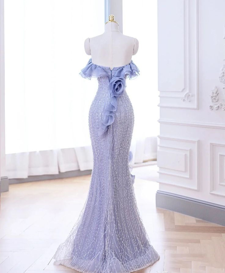 Lavender Flower Ruffles Beaded Lace Prom Dress Mermaid Evening Dress SH1331
