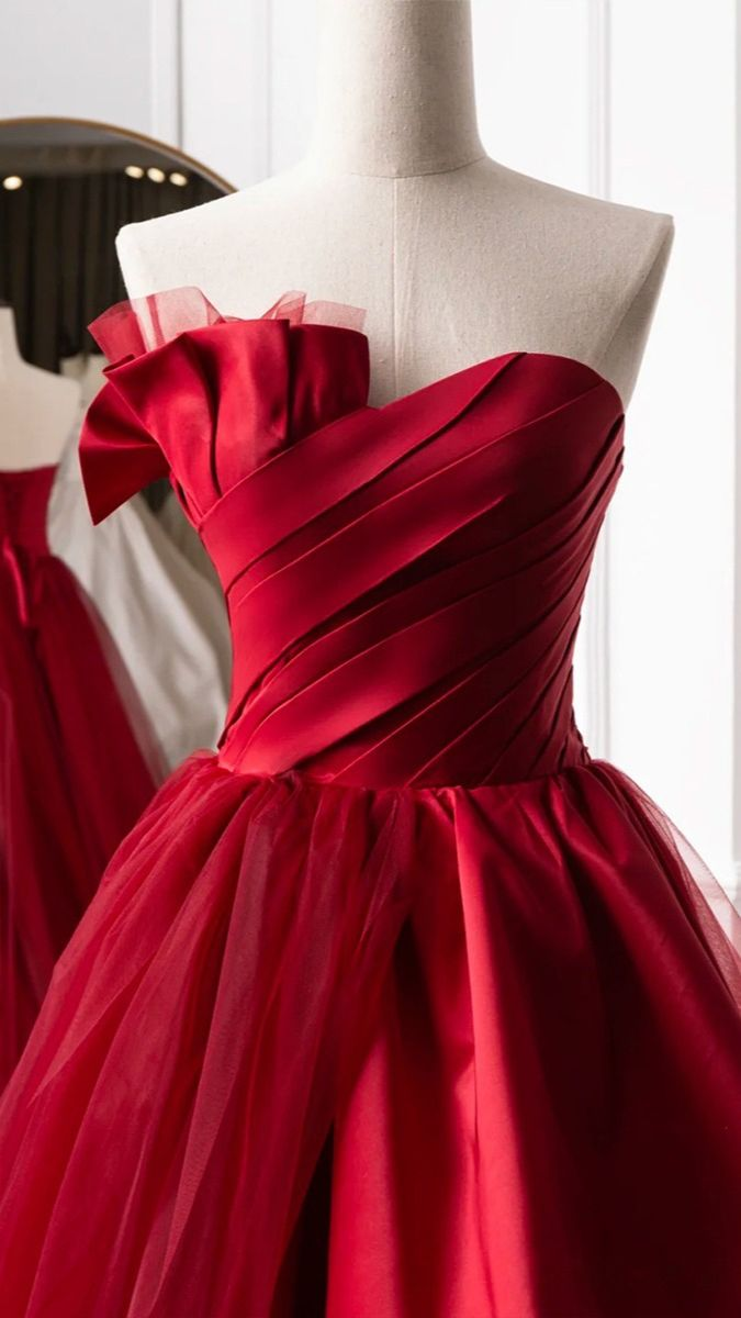 Fashion Tulle Satin Long Evening Dress Red Prom Dress SH1043