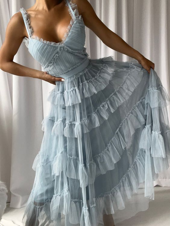 Elegant Blue Tulle Layers Long Prom Dress SH1330