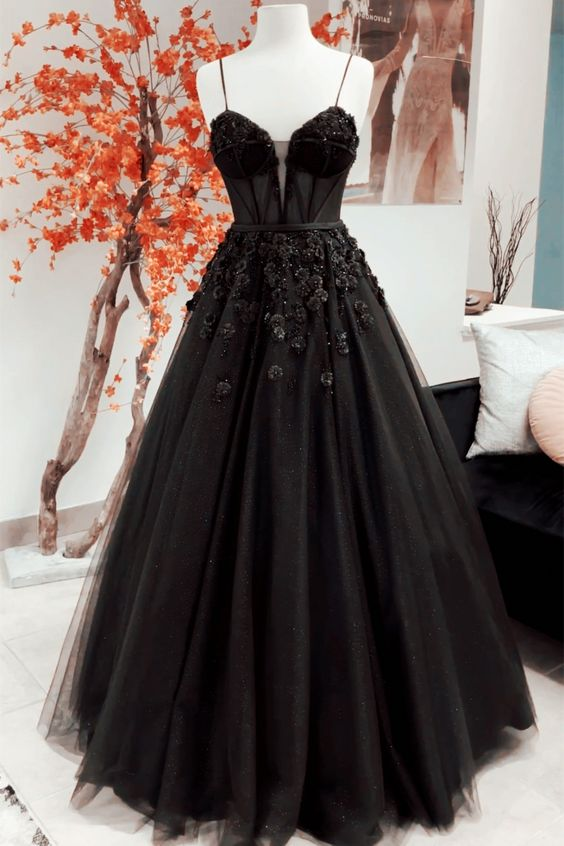 Beautiful Black Tulle Applique Prom Dress Elegant Evening Dress Party Dress SH937