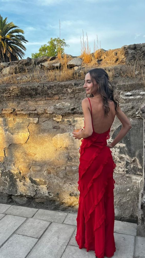 Red Backless Long Prom Dress With Ruffle  SH727