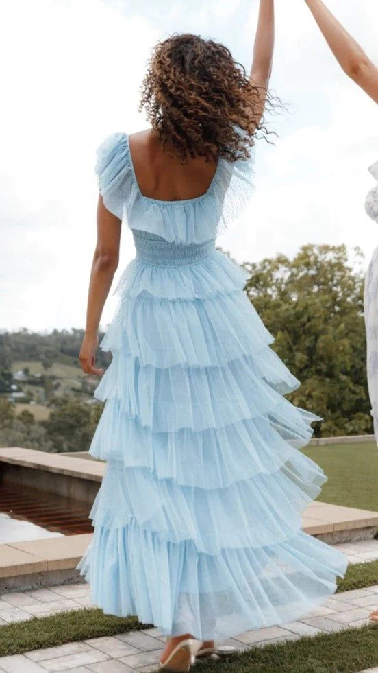 Fairy Sky Blue Sequare Neck Tiered Tulle Evening Dress Long Prom Dress SH1053