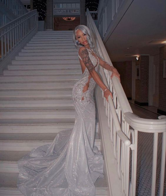 Shining Silver Mermaid Long Sleeves Prom Dress SH974