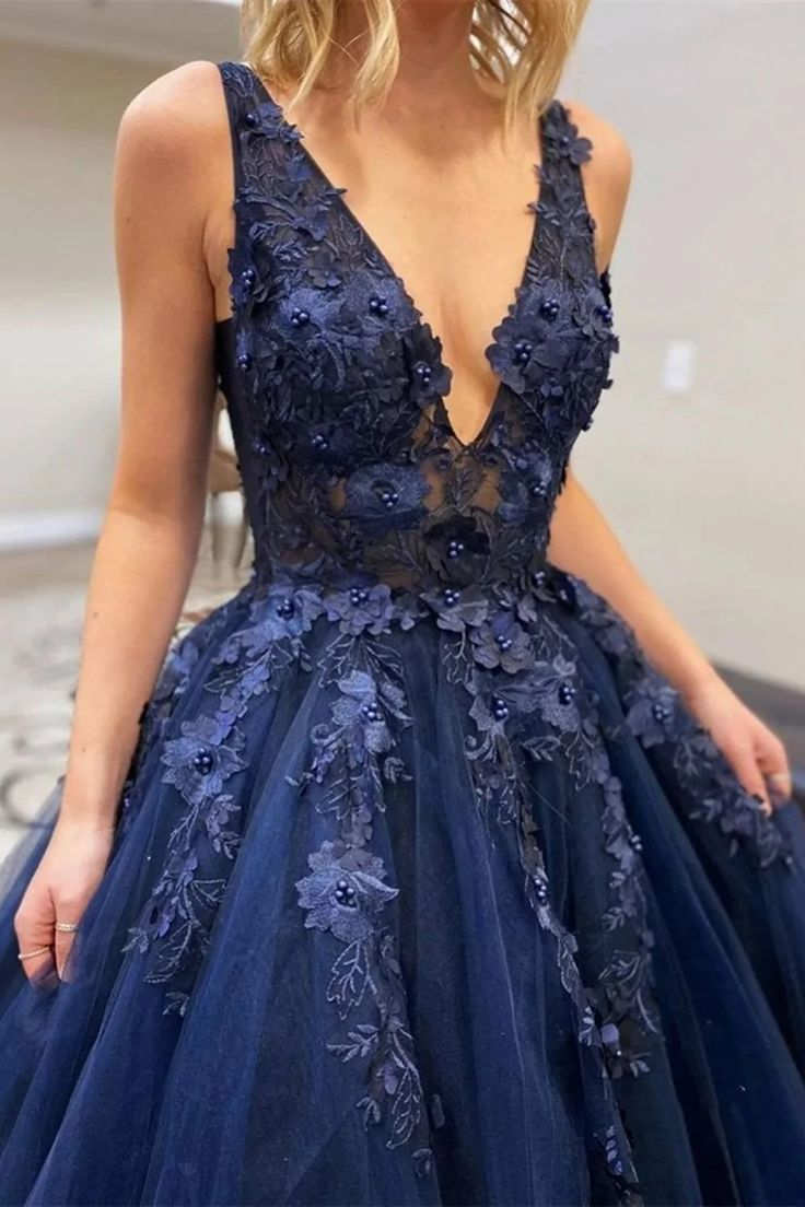 Dark Blue V Neck Lace Beaded Long Formal Prom Dresses SH795