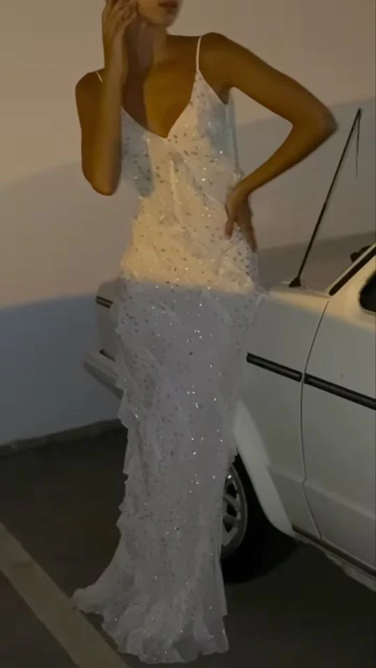 Elegant V Neck White Long Prom Dresses Ruffle Evening Gown SH671