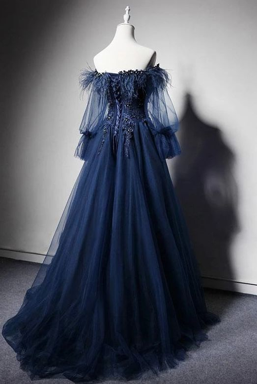 Navy Blue Tulle Lace Beading Off-shoulder Formal Evening Dresses Prom Dresses SH946