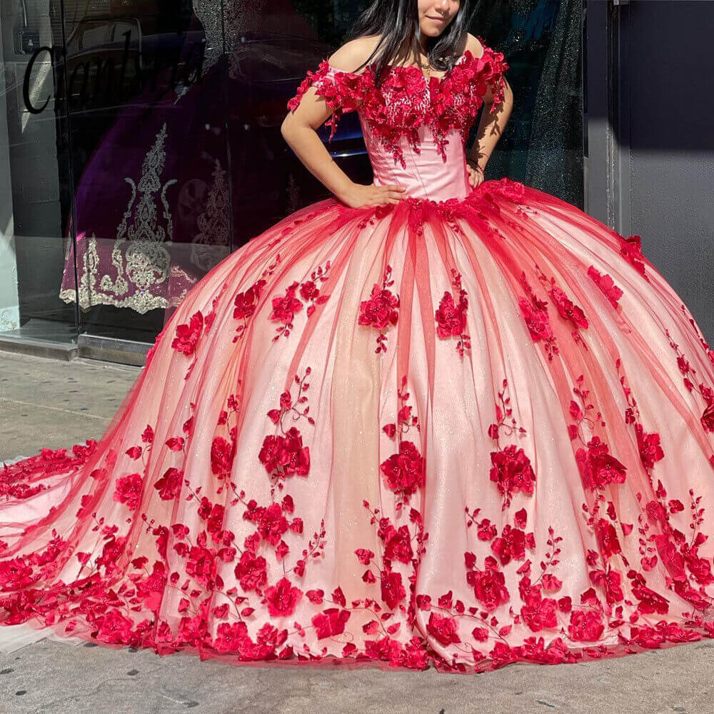 Red Off The Shoulder 3D Flowers Sweet 16 Party Dress Quinceanera Dresses  SH822