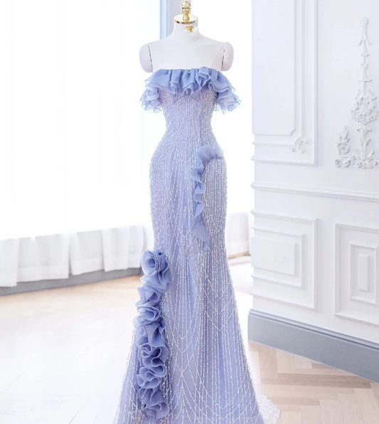 Lavender Flower Ruffles Beaded Lace Prom Dress Mermaid Evening Dress SH1331