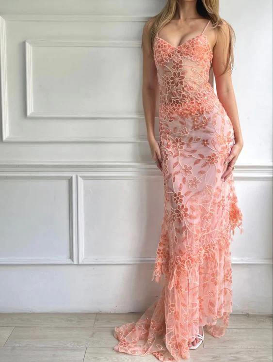 Pink Spaghetti Straps Lace Beading Gorgeous Mermaid Evening Dress SH1203