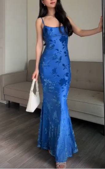 Elegant Blue Mermaid Ptint Long Evening Dress Fprmal Prom Dress SH1565