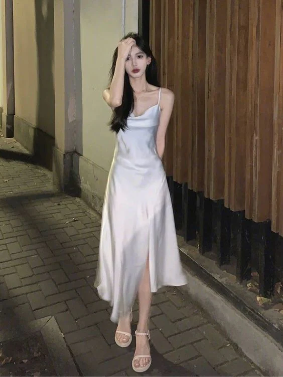 Simple Spaghetti Straps White Satin A Line Slit Party Dress Prom Dress SH1517