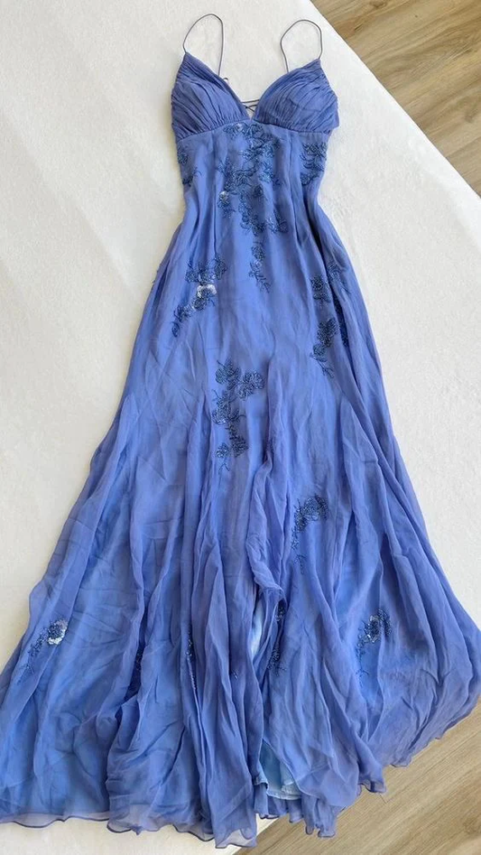 Simple Blue Spaghetti Straps Long Backless Prom Dress SH1153