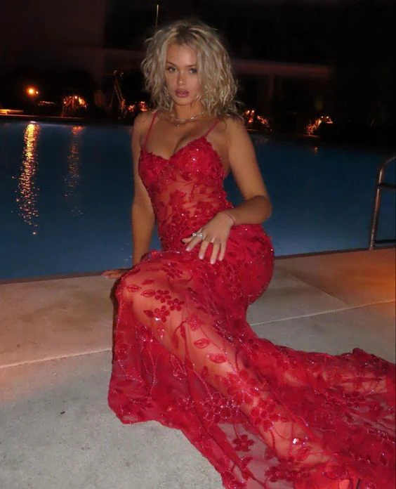 Red Spaghetti Straps Lace Beading Gorgeous Mermaid Evening Dress SH1204