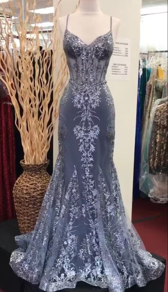 Charming V Neck Lace Mermaid Prom Dress Long Evening Dress SH1384