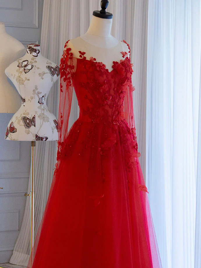 Pretty Tulle Long Prom Dress With Applique,Red Party Dress Formal Evening Dress SH842