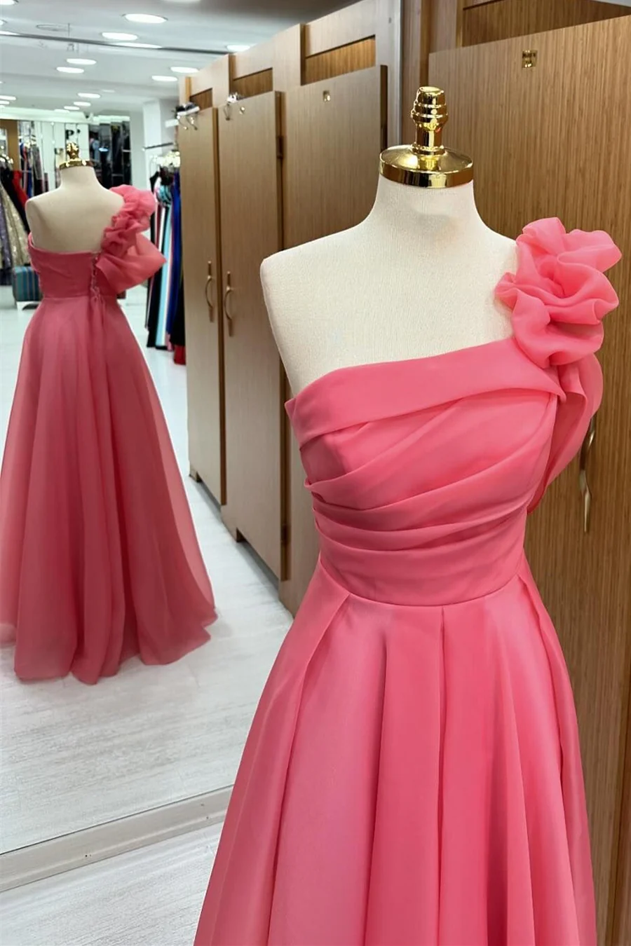 Pink One-Shoulder Chiffon Pleated Long Prom Dress Elegant Evening Dress  SH1531