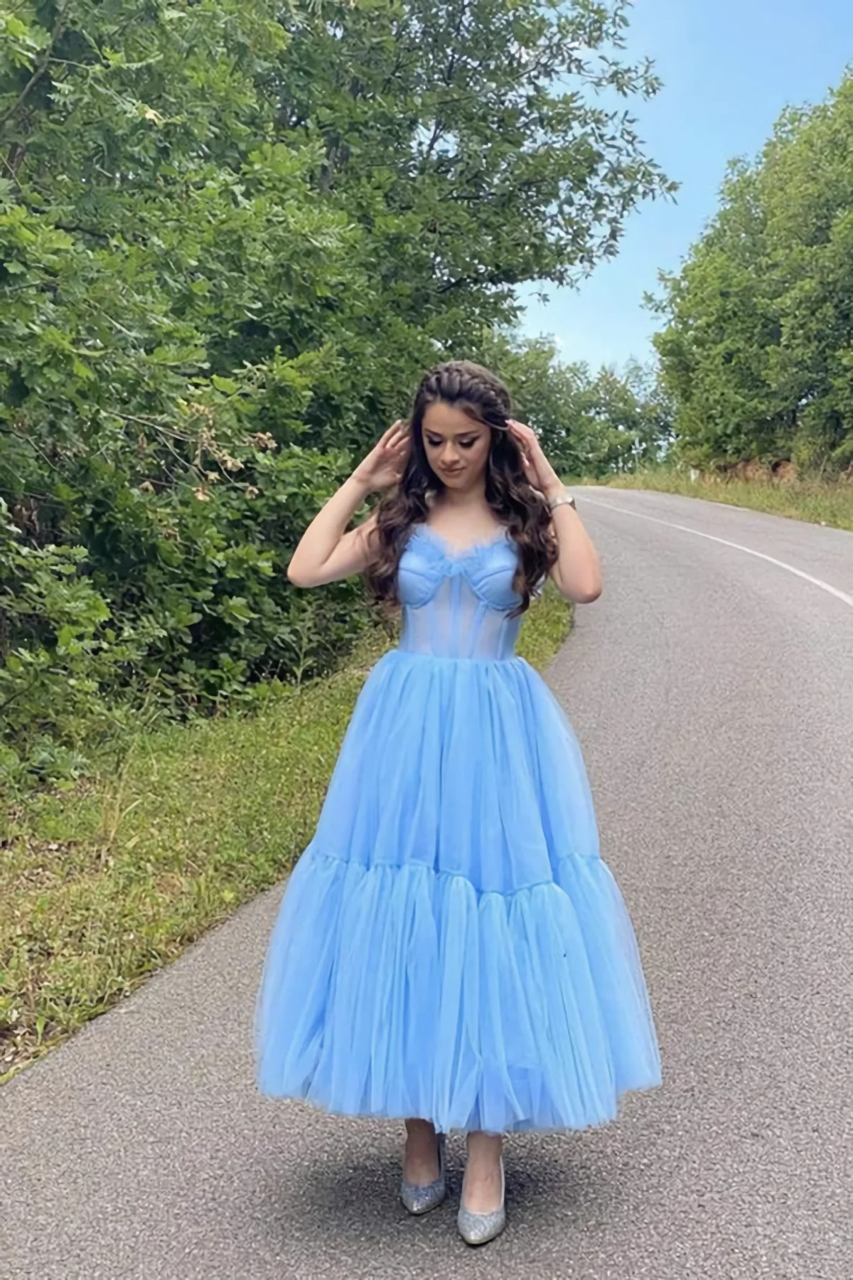 Sky Blue Straps Tulle A Line Prom Dress Sweetheart Homecoming Dresses SH594