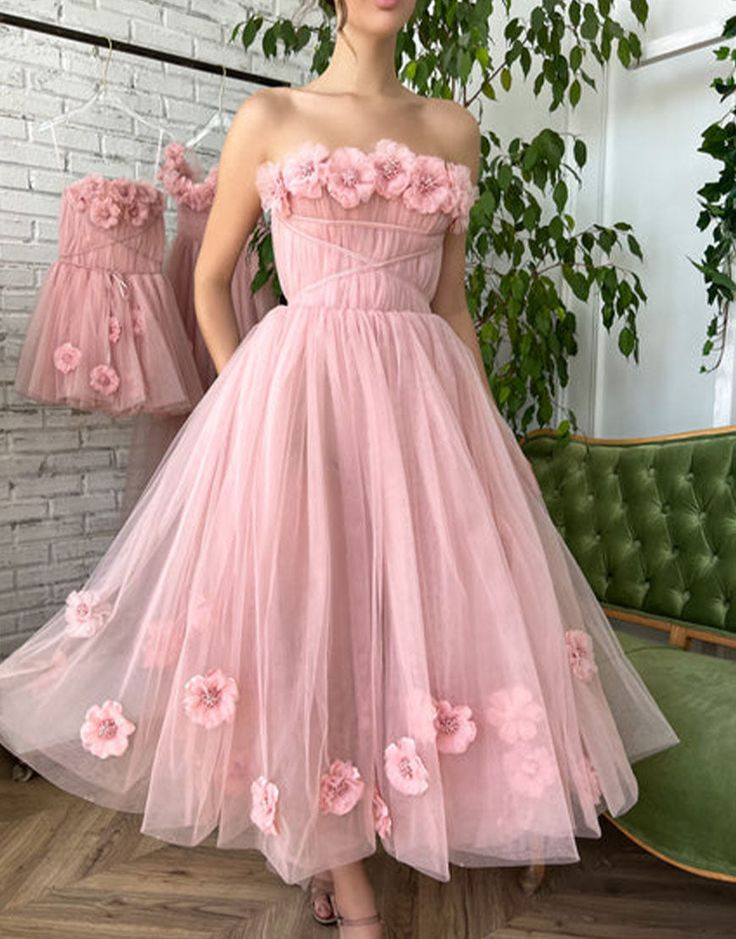 Beautiful Pink Princess Strapless Prom Dress with Flowers SH713