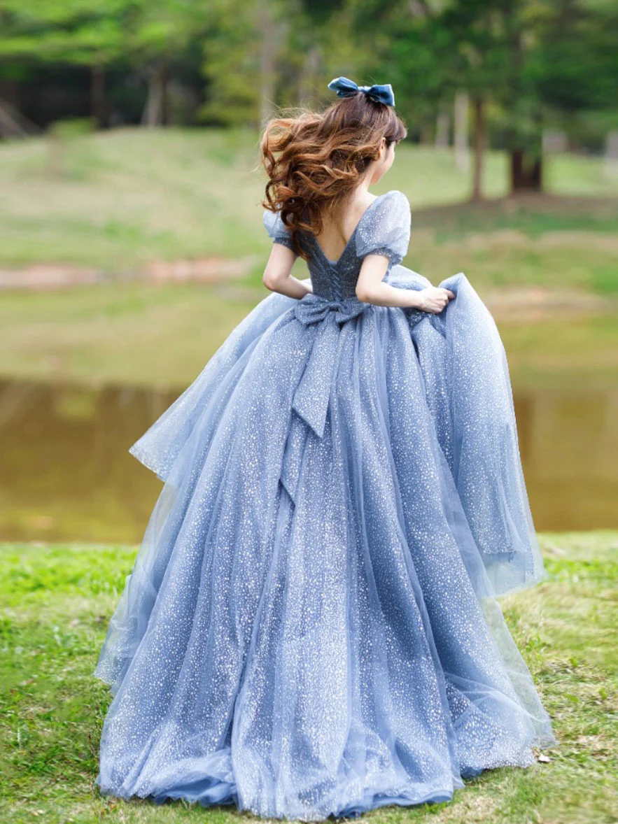 Cute V Neck Tulle Long Prom Dress, Blue Sweet 16 Formal Dress With Bow Knot SH855