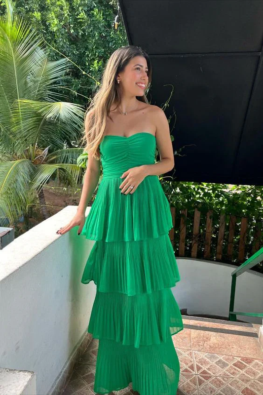 Green Chiffon A Line Tiered Ruffles Long Prom Dress Evening Dress SH1200