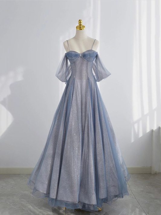 Blue Tulle Long Prom Dress A-Line Off The Shoulder Evening Party Dress SH1301
