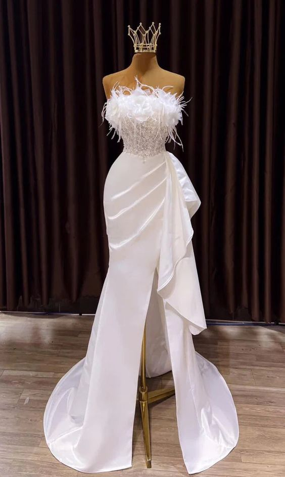 Vintage Mermaid Long Slit White Wedding Dress Prom Dress SH1333