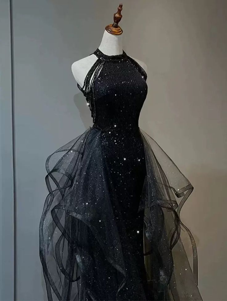 Shiny Halter Sequin Tulle Layered Long Prom Dress Black Evening Dress Wedding Dress SH1019