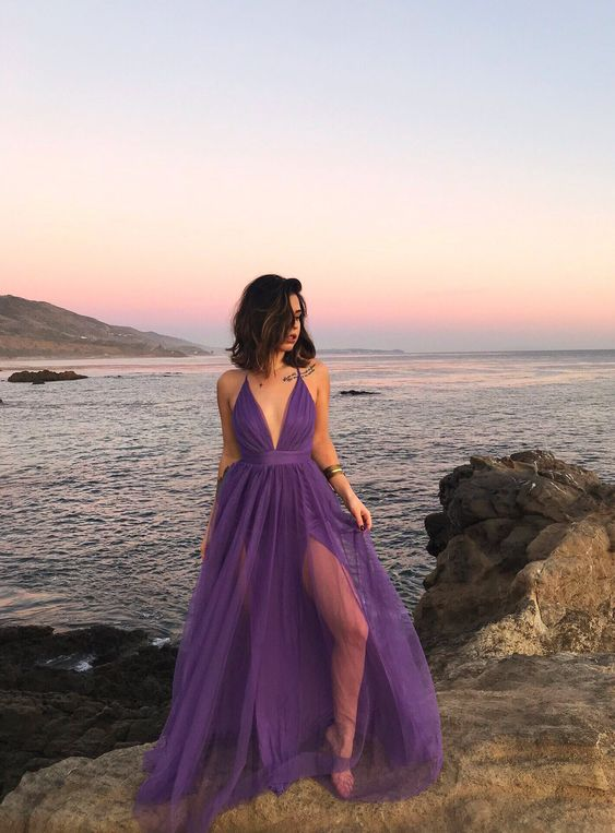 Deep V Neck Purple Tulle Fantasy Long Prom Dress SH697