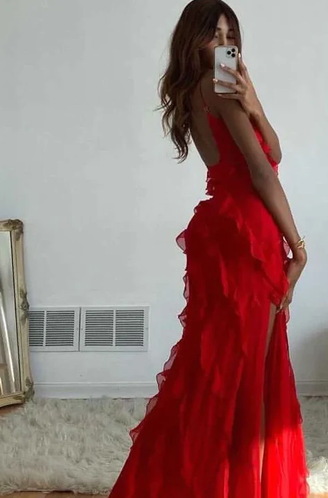 Red Ruffles Long Formal Dress Elegant Evening Dress SH669