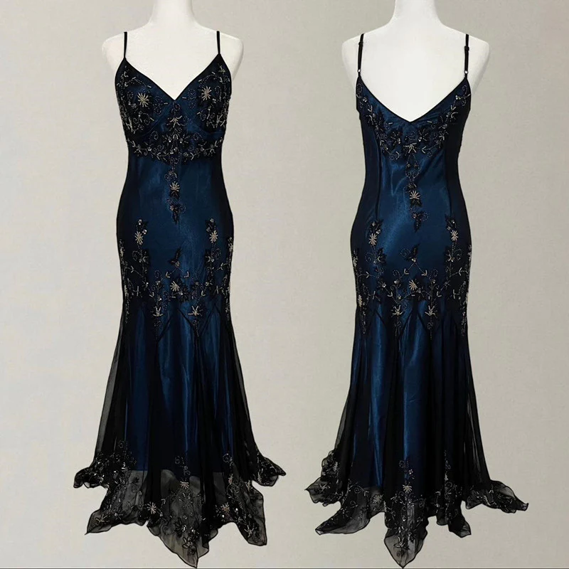 Gorgeous Spaghetti Straps Mermaid Navy Blue Beads Beaded Long Prom Dress SH1150