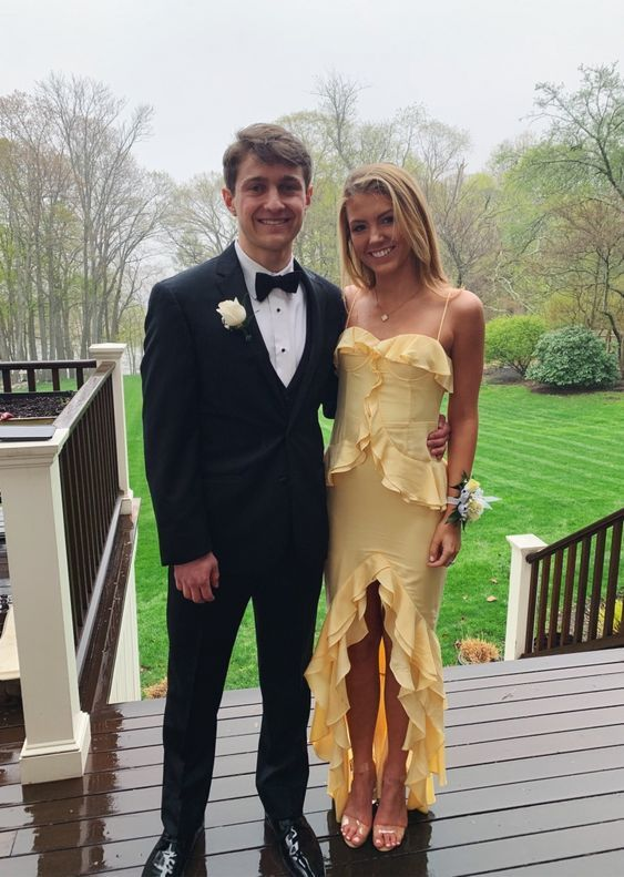 Chic Spaghetti Straps Yellow Ruffles Slit Prom Dress Long Party Dress  SH776