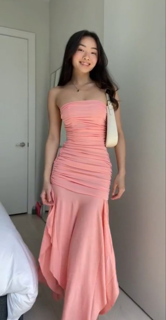 Mermaid Strapless Pink Long Prom Dress Evening Gown SH1344