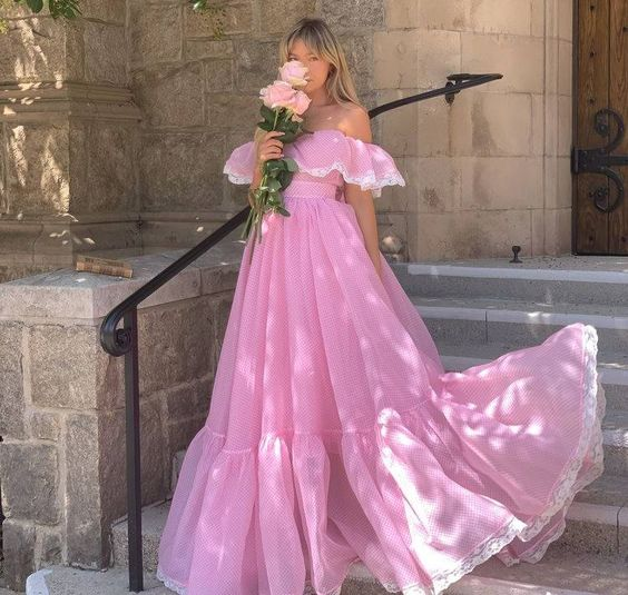 Pink Tulle Off The Shoulder Lace Trim Long Prom Dress，Elegant Evening Dress SH716
