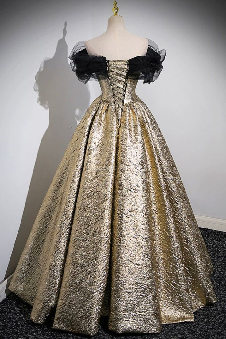 Glitter Gold Prom Dress Ball Gown Off the Shoulder Evening Dress SH1326