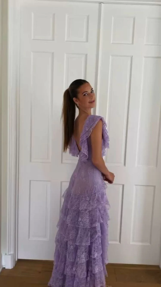 Lilac Long Prom Dress Layed Lace Evening Dress SH613