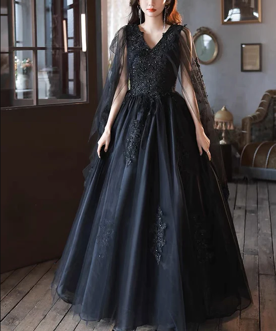 Black V neck Tulle Lace Long Prom Dresses, Elegant Formal Evening Dresses SH840