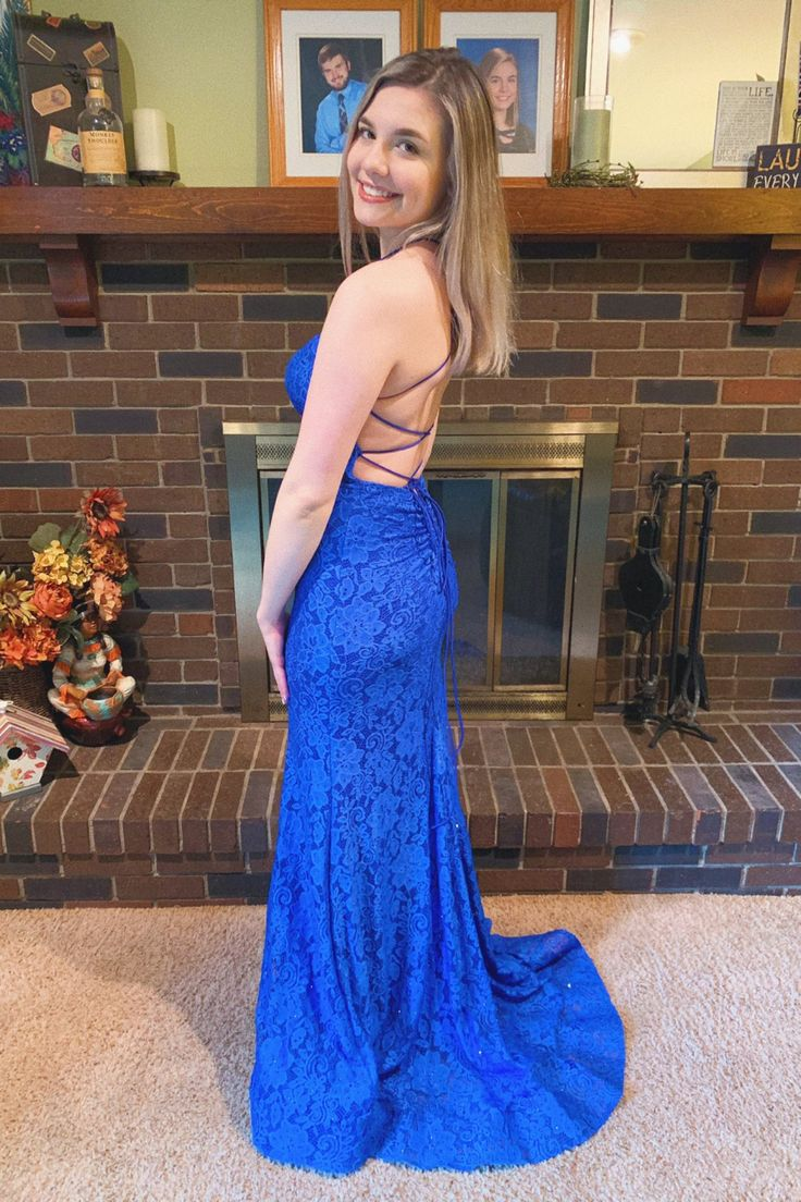 Elegant Mermaid Royal Blue Lace Prom Dress SH627