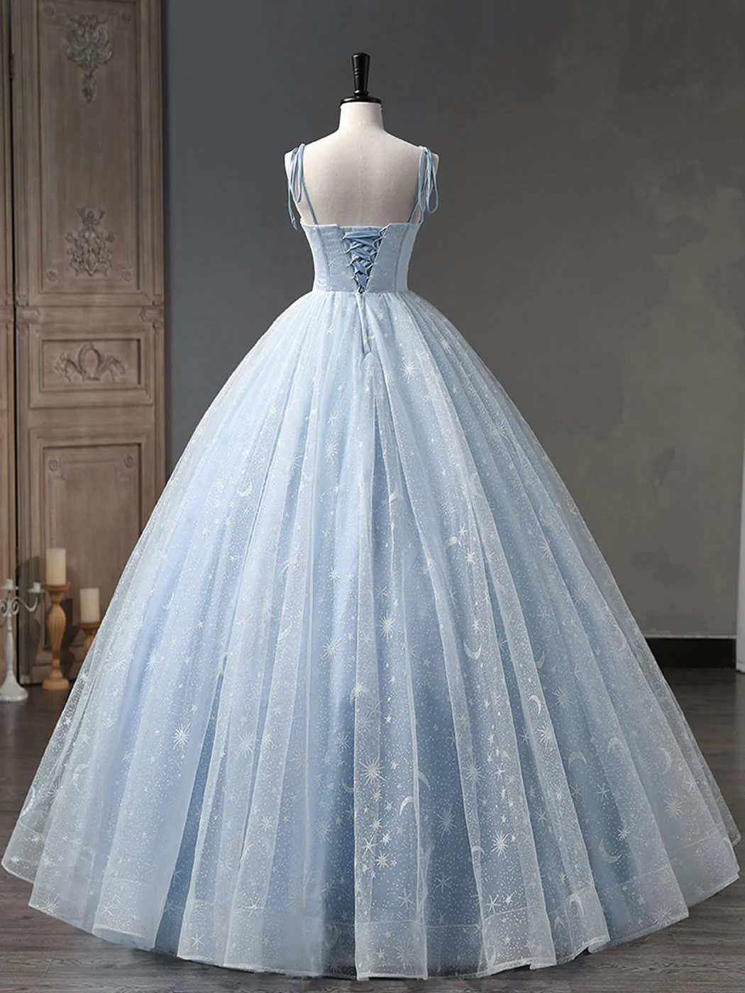 Star and Moon Fantasy Tulle A-Line Long Evening Dress, Blue Formal Sweet 16 Prom Dress Quinceanera Dress SH1063