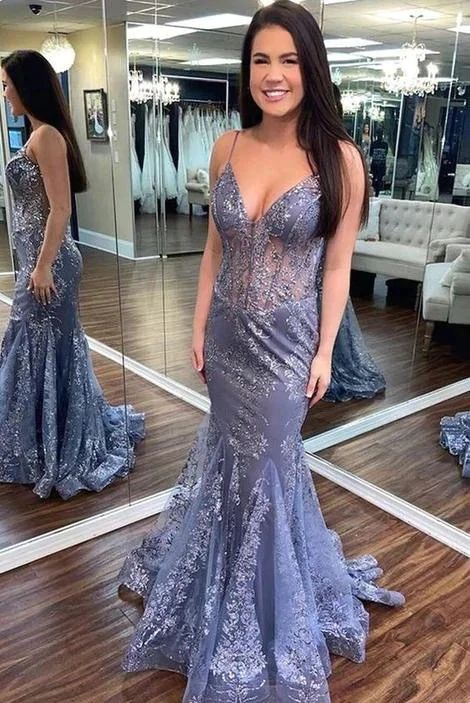 Charming V Neck Lace Mermaid Prom Dress Long Evening Dress SH1384