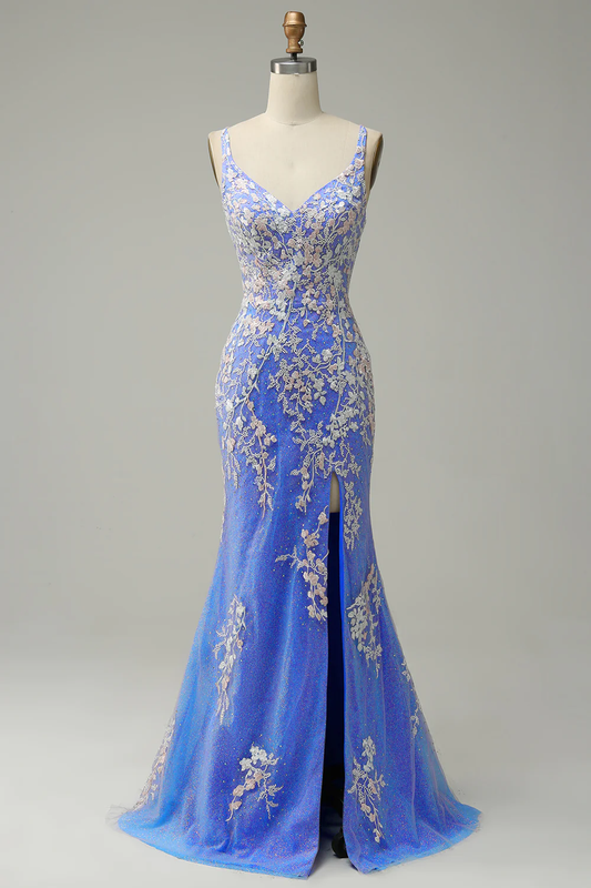 Charming Mermaid V Neck Blue Long Prom Dress With Appliques  SH616