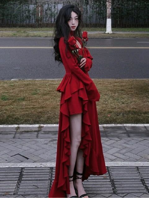 Vintage Red Prom Dress Long Irregular Evening Dress SH1329