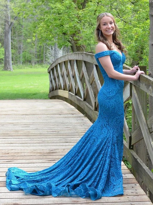 Off Shoulder Blue Mermaid Lace Long Evening Dresses，Formal Prom Dress SH639