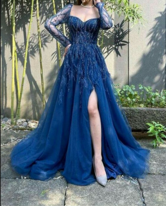 Blue Long Sleeves Slit Prom Dress Long Party Dress Evening Dress SH903