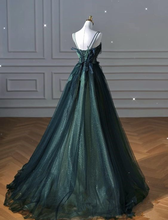 Elegant A Line Dark Green Tulle Long Prom Dress SH1302