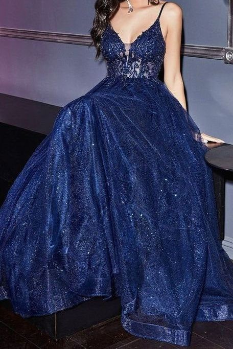 Shiny Navy Blue Spaghetti Straps Tulle Appliques Prom Dress Party Evening Dress SH1115
